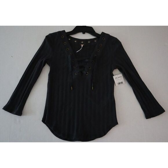 Free People OB1090510 Women's Sz S Washed Black Ice Cold Lace-Up Ribbed Top $78 - Picture 10 of 13